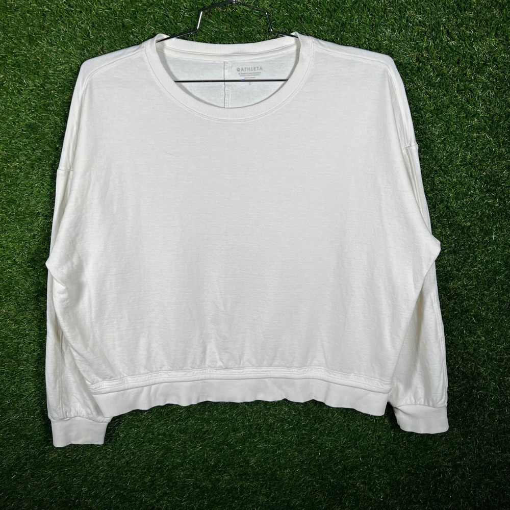 Athleta Womens White Long Sleeve Cropped Sweatshirt Pullover Size Large